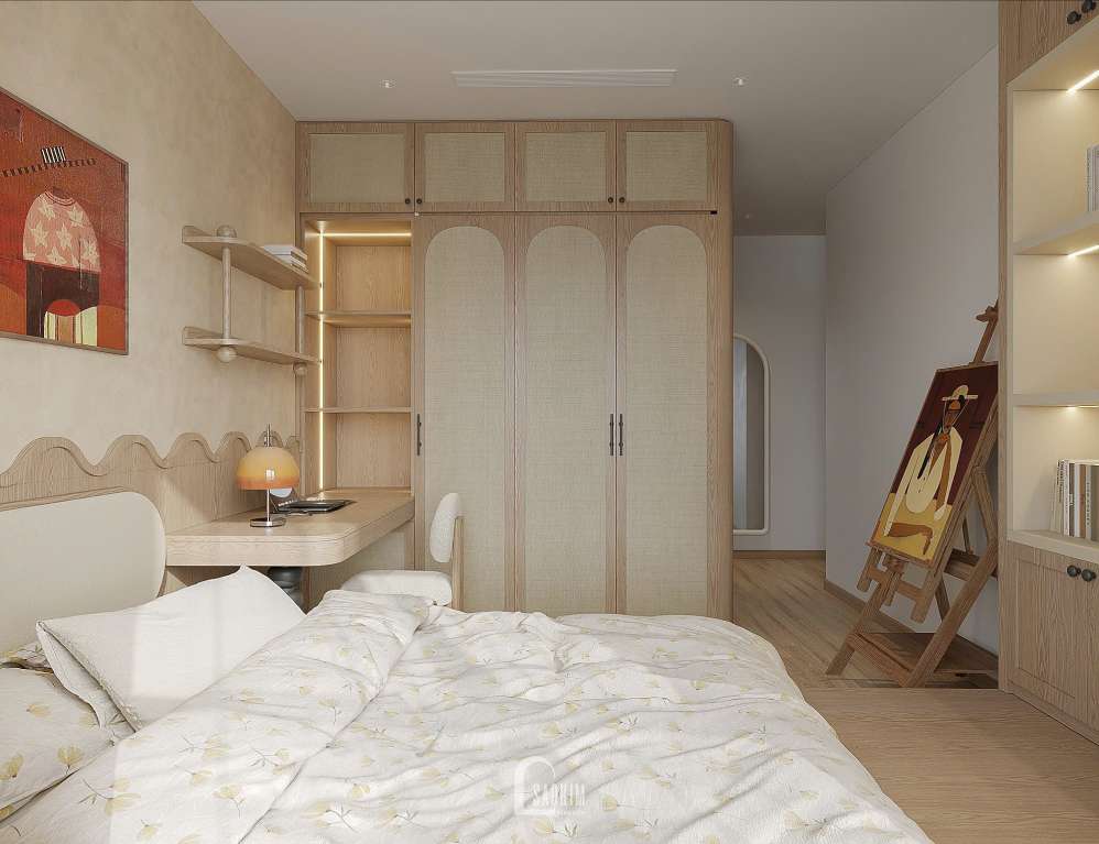 Thiết kế không gian ngủ Wabi Sabi mang vẻ đẹp mộc mạc tại chung cư 87m² Hinode City.
